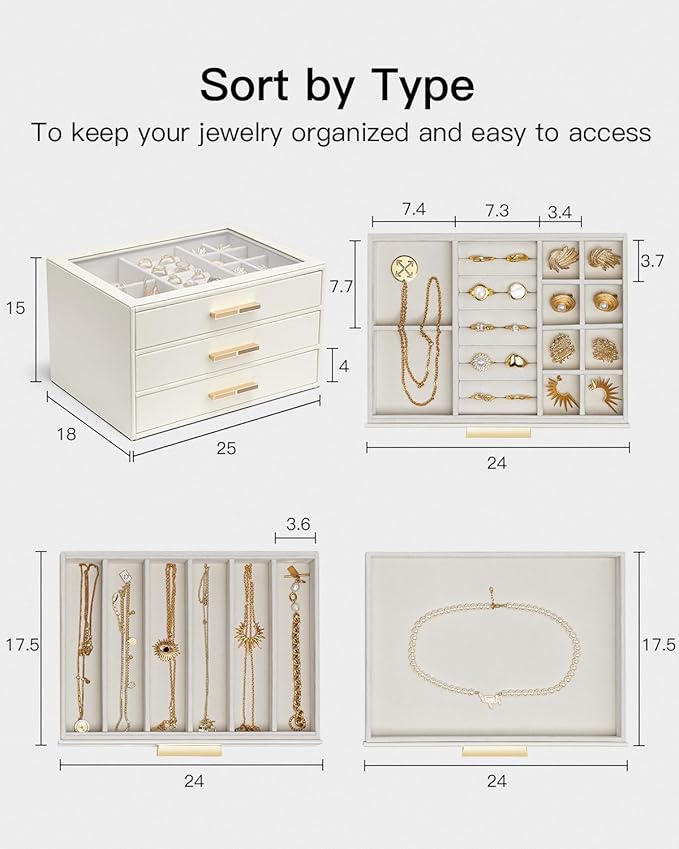 VLANDO Jewelry Box for Women, Glass Lid Jewelry Organizer with 3 Drawers for Necklaces Rings Earrings Bracelets Mother Day Gi