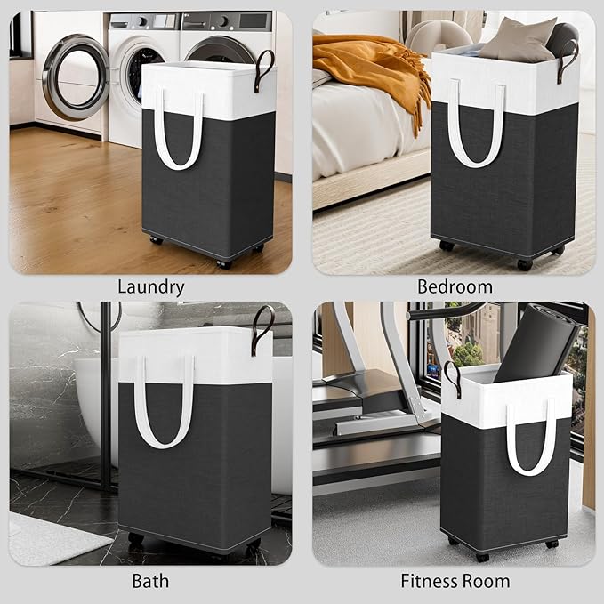 HomeHacks Laundry Basket with Wheels, Rolling Laundry Hamper, Collapsible & Waterproof Clothes Hamper, Narrow Corner Bins wit