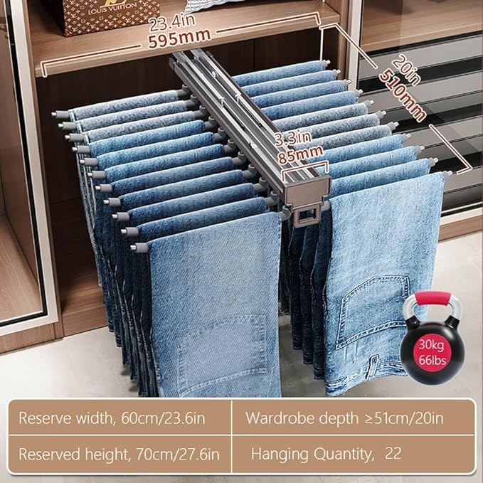 Pull Out Trouser Rack 16-24 Arms, Double Row Hanger, Extendable Pants Holder Sliding Closet Hanger Rail for Pants Clothes Org