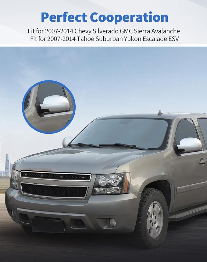 Rear view Mirror Fully Caps Covers Compatible with 2007-2014 Chevy Silverado GMC Sierra Avalanche Tahoe Suburban Yukon Escalade ESV Left Right Side View Mirror Cover Caps, Silvery
