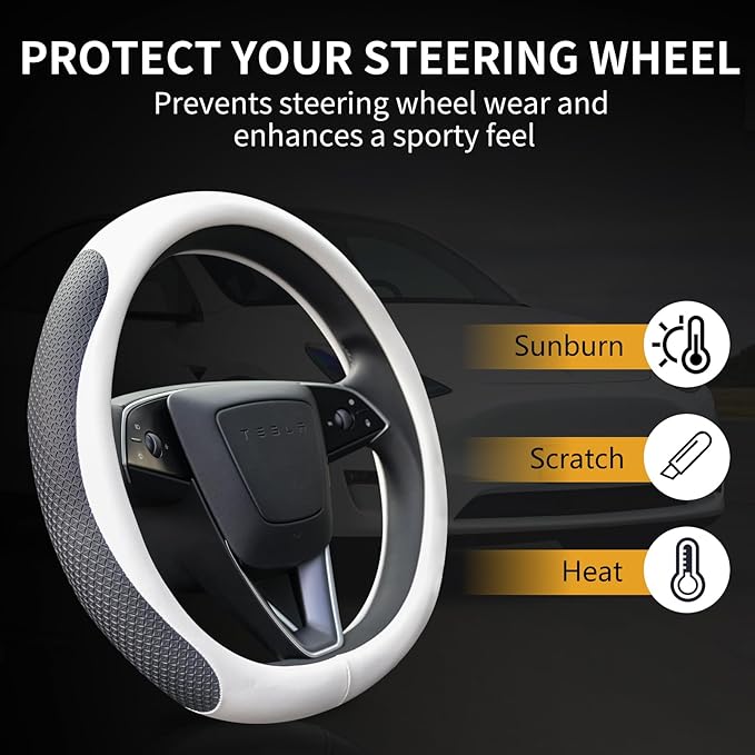 Premium Leather Steering Wheel Cover for Tesla Model 3/Y 2016-2025 2026 Juniper/Highland, Non-Slip Breathable Tesla Model 3/Y Steering Wheel Protector, White