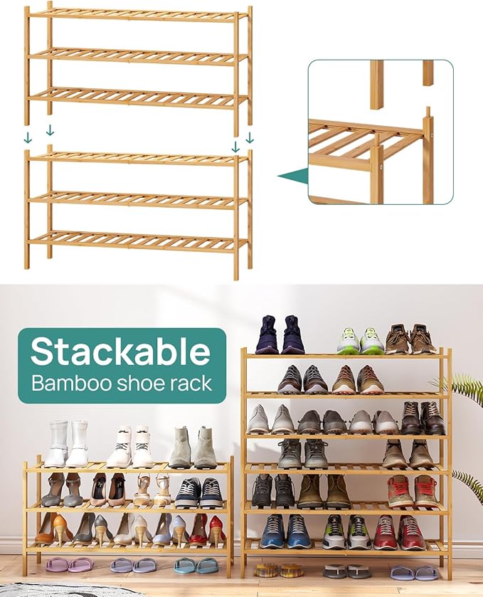 viewcare 3-Tier Long Shoe Rack, Bamboo Wood Shoe Rack for Closet, Entryway & Hallway, Stackable | Beautiful | Functional | St