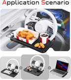 Car Steering Wheel Tray for Drivers Steering Wheel Tray for Dining, Mobile Office & Travel Food with Cup Holder, Scratch-Free EVA Hook Covers, 2-in-1 Desk Table for Car - Black