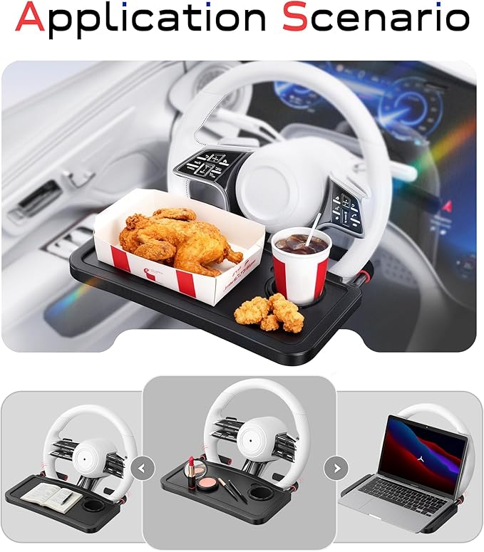 Car Steering Wheel Tray for Drivers Steering Wheel Tray for Dining, Mobile Office & Travel Food with Cup Holder, Scratch-Free EVA Hook Covers, 2-in-1 Desk Table for Car - Black