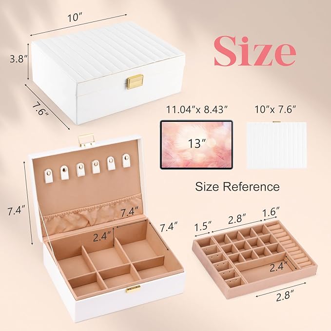 Gifturbo Women’s White Jewelry Box – Compact Travel Jewelry Case with Removable Trays, PU Leather Portable Storage Organizer 