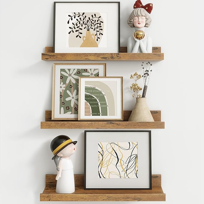 Axeman Picture Ledge Shelf | 16 Inch Brown Floating Shelves Set of 3 | Rustic Brown Wood Wall Shelves with Lip | 16" Picture 