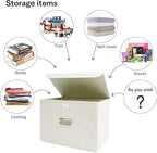 Linen Fabric Foldable Collapsible Storage Cube Bin Organizer Basket Fabric Storage Bins with Lid, Leather Handles, Removable 
