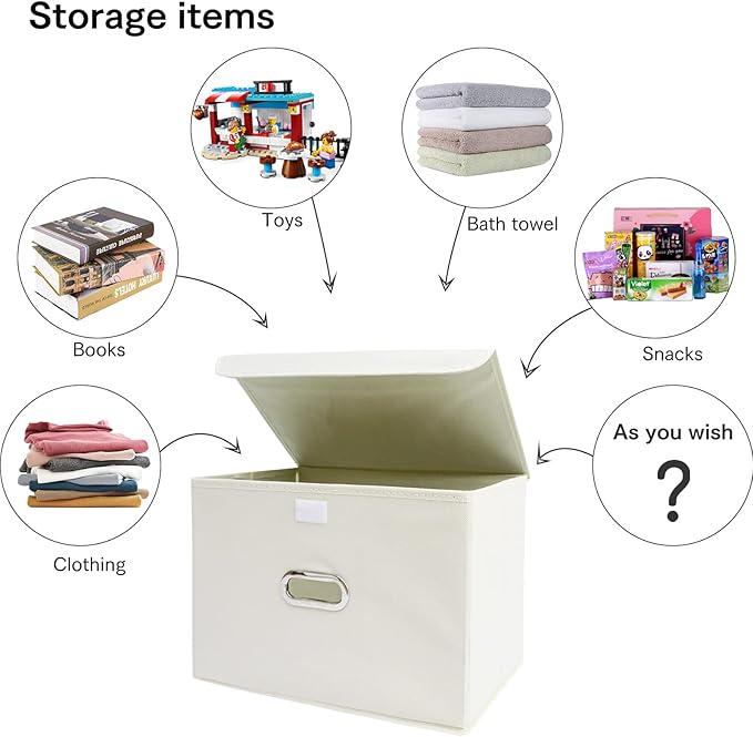 Linen Fabric Foldable Collapsible Storage Cube Bin Organizer Basket Fabric Storage Bins with Lid, Leather Handles, Removable 
