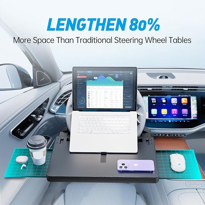 JFX Steering Wheel Tray, Car Food Tray, Car Desk for Laptop, Multipurpose Car Table for Eating & Work, Adjustable Car Tray for Laptop, Eating Food, Writing – Universal Fit for Most Vehicles