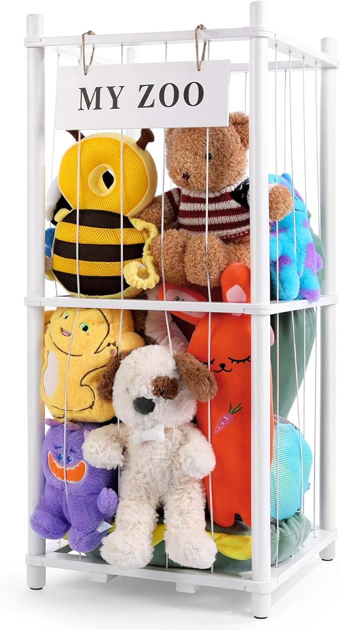 GLDZI Stuffed Animal Storage Zoo, Wooden Stuffed Animal Organizer with Elastic Cords for Boys Girls, Space Saving Toy Plushie