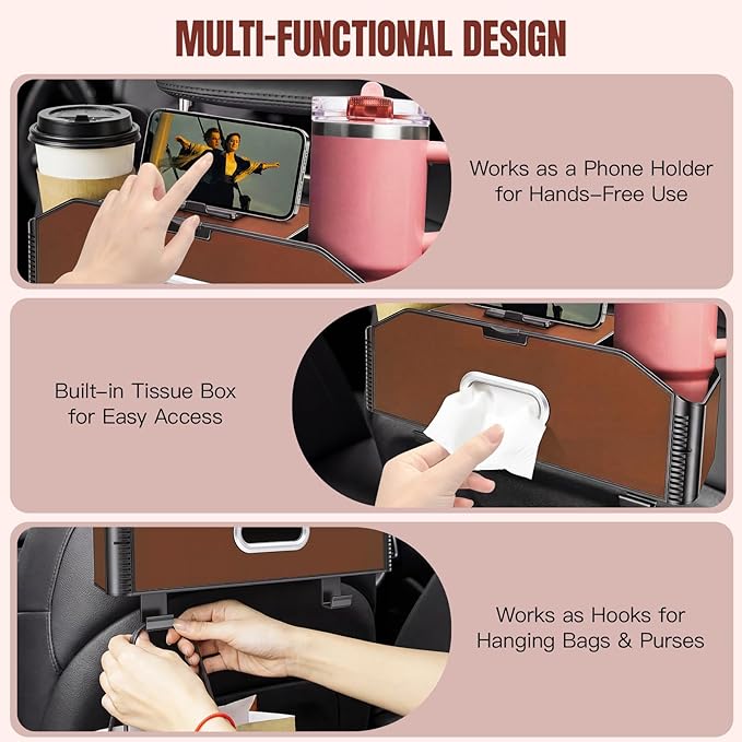 5-in-1 Car Back Seat Organizer and Storage with Extendable Cup Holder, Tissue Holder, Phone Holder, Hanging Hooks, Trash Bin, Back of Seat Car Headrest Organization Accessories for Women Man