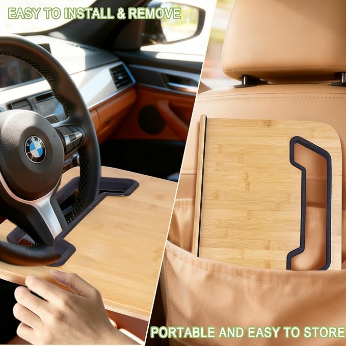 Bamboo Steering Wheel Tray,Double Sided Car Steering Wheel Tray with Silicone Protective Ring, Universal Laptop Desk for Eating,Reading,Writing,Natural Wood Snack & Writing Table