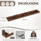 72 Inch Floating Shelves, 12" Deep Floating Shelf Wall Mounted, 72" Wall Shelves, Rustic Deep Bookshelf, Extra Deeper & Thick