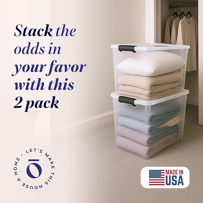 HOMZ 2-Pack Latching Lid, Large Clear Plastic Storage Bins w/Lids, 112 Quart, Gray Latch - Stackable Container Boxes for Home