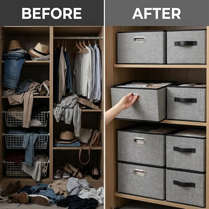 PRANDOM Large Foldable Storage Bins for Shelves [3-pack] Decorative Linen Fabric Storage Baskets Cubes with Leather/Metal Han