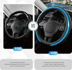Road Comforts Leather Steering Wheel Cover – Black & Blue, Universal Fit 14.5-15 Inch, Microfiber Leather, Anti-Slip & Breath
