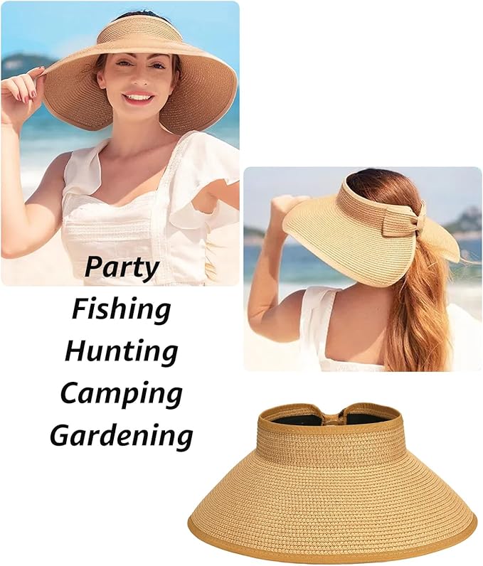 Sun Visor Hat for Women, Wide Brim Straw Summer UV Protection Hat, Foldable Roll-up Packable Beach Cap