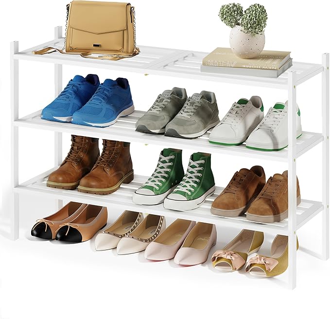 SONGMICS Bamboo Shoe Rack for Closet, Stackable Shoe Oragnizer with Modular Structure, Space-Saving Free Standing Shelf for E