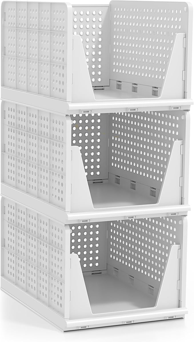 Sorbus 3 Pack Folding Closet Shelf Organizer for Clothes - Versatile Stackable Storage Baskets for Closet, Bathroom, Kitchen 