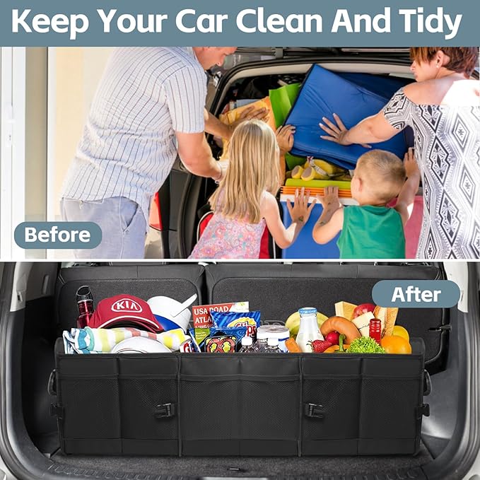 Car Trunk Organizer,Heavy Duty Collapsible 95 L Capacity Car Trunk Storage Organizer,Multi-Compartment Pockets, Adjustable Stra
