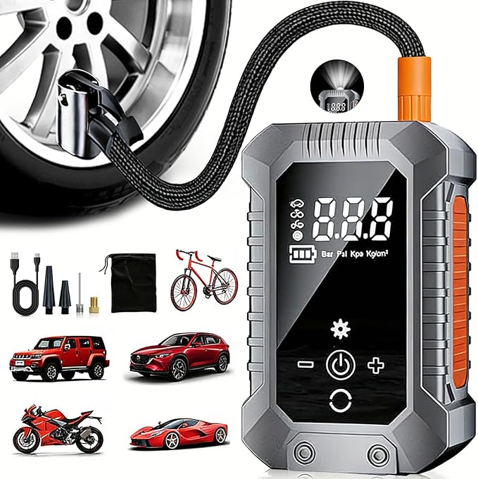 Cordless Tire Inflator Portable Air Compressor - 3600mAh Rechargeable Car Tire Pump with Digital Pressure Gauge, LED Light, Auto Shut Off, Dual Power Source for Car, Motorcycle, Bicycle, Balls