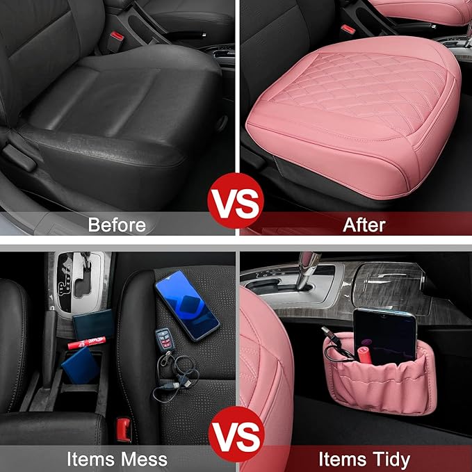 2 Pack Leather Front Car Seat Cover Bottom Car Seat, Anti-Slip and Full Wrap Driver Car Seat Protectors with Storage Pocket, 