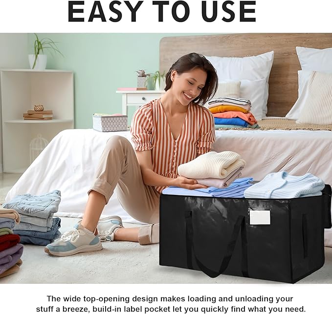 6 Pack-Extra Large Heavy Duty Moving Bags - Waterproof Storage Totes with Handles & Zippers, Foldable for College Dorm, Stora