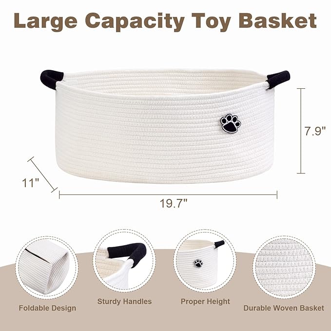 Optish Dog Toy Basket, Toy Box and Bin for Dog Cat Storage, 19.7" X 11" X 7.9" (30L) Large Woven Basket for Blanket Storage, 