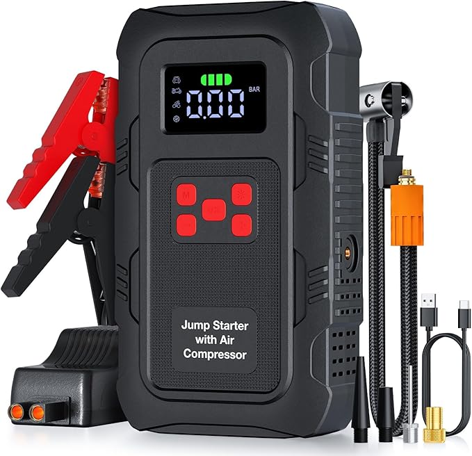 5000A Jump Starter with Air Compressor,A1 Car Jumper Starter with 150PSI Tire Inflator 12V Jump Box with LCD