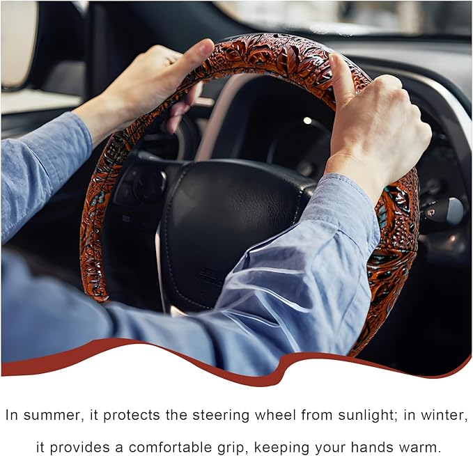 Sun Walker Leather Car Steering Wheel Cover, 15" Anti-Slip Crocodile Pattern Wheel Protector with Rose Grain, Comfortable Gri