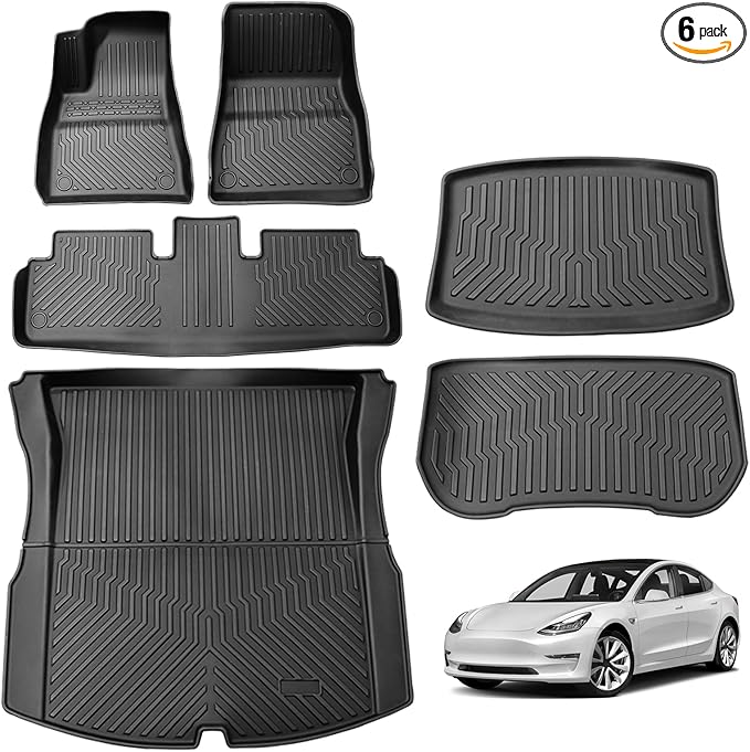 6PCS All Weather Floor Mats for 2024 2025 Tesla Model 3 Highland, 3D TPE Protection Floor Liners Cargo Liner and Cargo Trunk Mats Accessories Front Rear Cargo Mat Full Set (2024 Model 3 Highland)