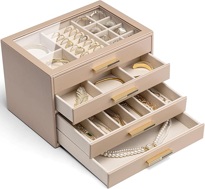 VLANDO 4 Layer Jewelry Box for Women, Mothers Day Gifts for Women, Glass Lid Jewelry Organizer with 4 Drawers for Necklaces R