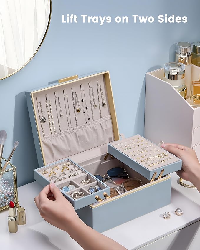 Lolalet Jewelry Box Organizer for Women Girls, 2 Layer Jewelry Organizers and Storage for Necklace Earrings Rings Bracelets, 
