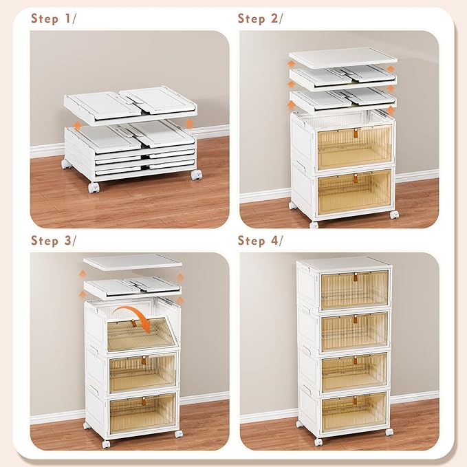 CTSNSLH 4 Tier Plastic Storage Bins with Lid - 27.5Qt Stackable with Lids for Bedroom, Living Room, Office - Foldable Contain