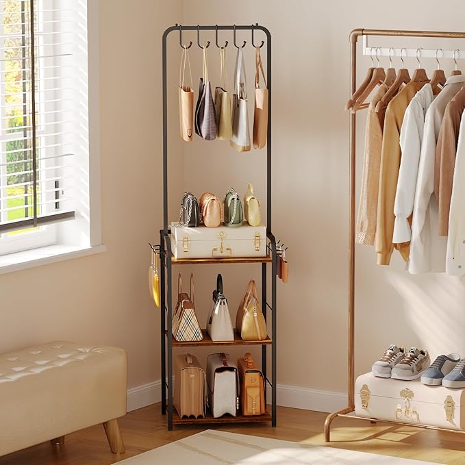 Floor-Standing Purse Organizer for Closet with 5 Hangers & 6 Side Hooks, Tall Purse Rack Stand for Purse Storage, High-Capaci