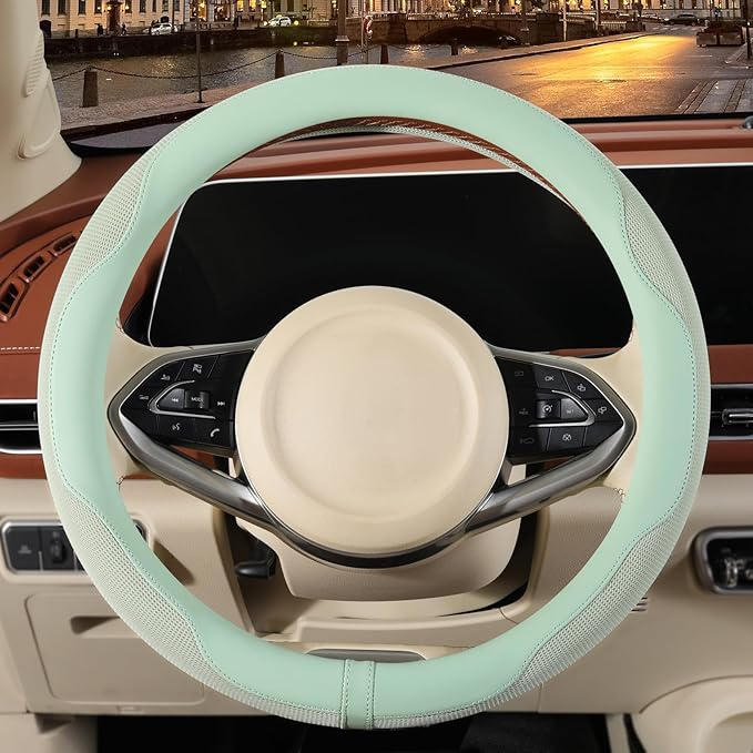 14 inch Steering Wheel Cover for Prius Civic, Nappa Microfiber Leather Non-Slip Breathable Fabric, Warm in Winter and Cool in