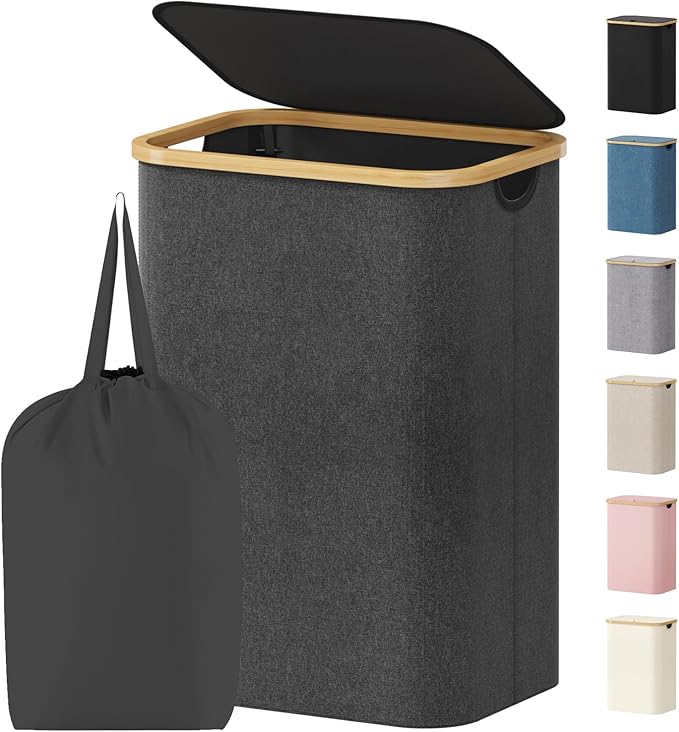 Lifewit 80L Laundry Basket with Lid, Clothes Hampers for Laundry with Bamboo Handles and 1 Removable Bag, Large Foldable Laun