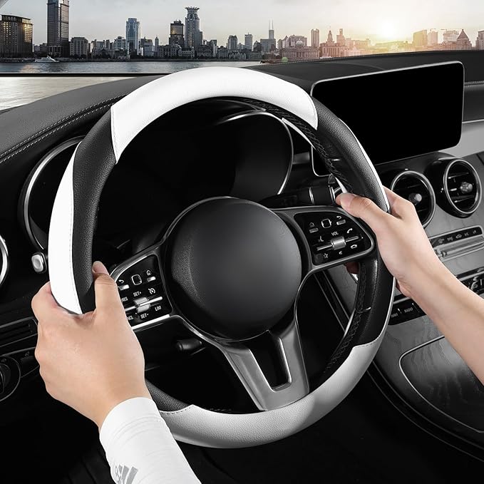 Car Steering Wheel Cover, Microfiber Leather Steering Wheel Cover Universal Fit 14.5-15 inch Anti-Slip Comfortable Breathable