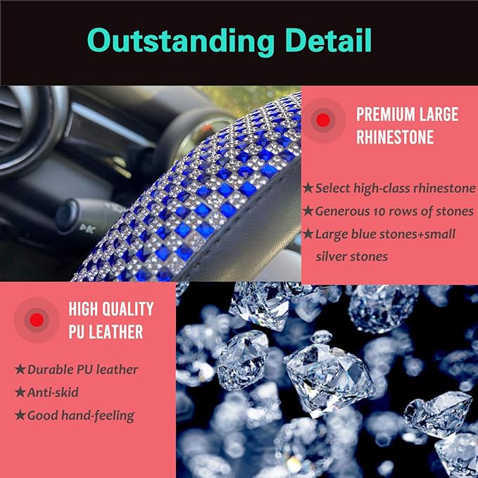 PINCTROT Large Size Bling Comfy Steering Wheel Cover with Jumbo Crystal Rhinestones, Anti-Slip Diamond Leather, 15.5-15.75 Inch (Blue)