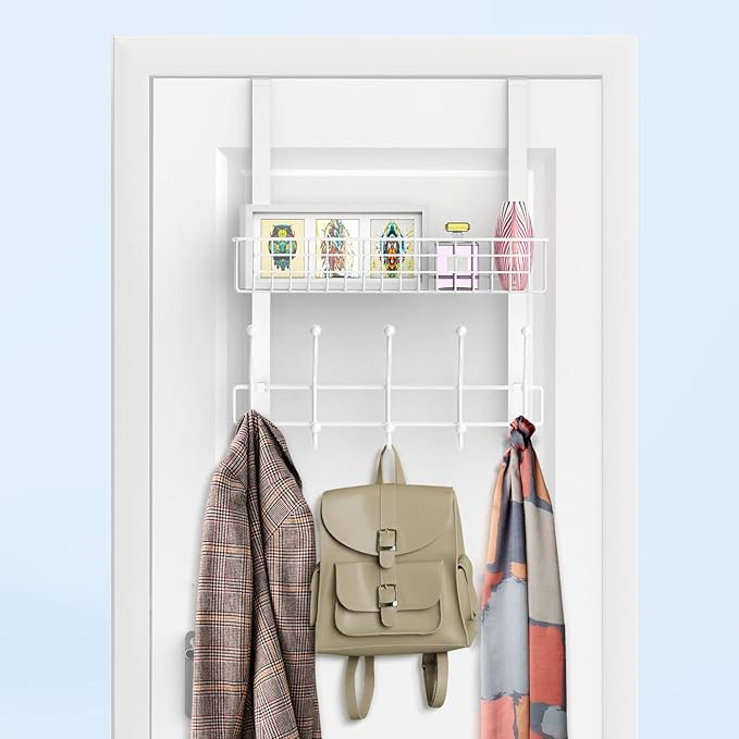 Coat Rack, Over The Door Hanger with Mesh Basket, Detachable Storage Shelf for Towels, Hats, Handbags, Coats (White)