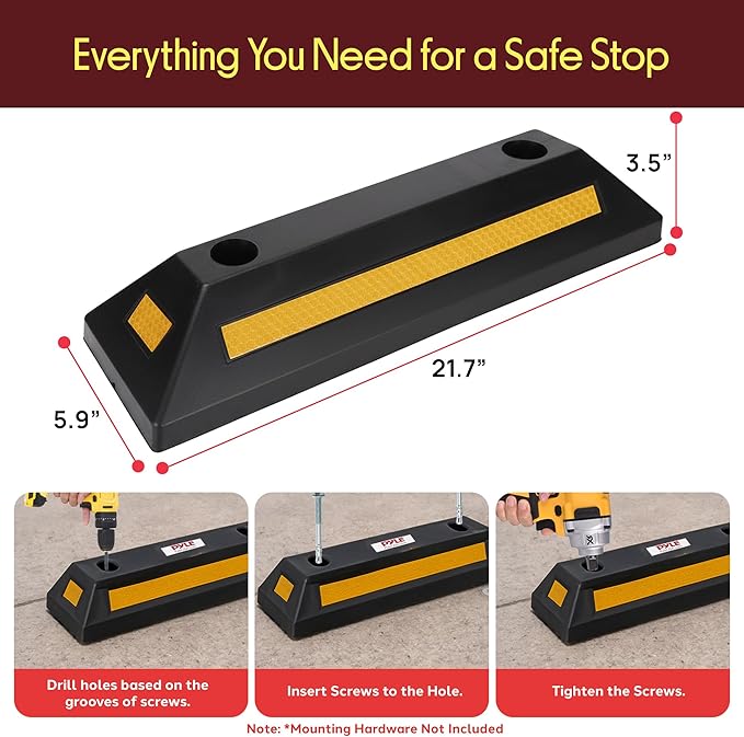 Pyle Curb Garage Vehicle Floor Safety Heavy Duty Rubber Parking Lot Driveway Stopper, for Car Vans Trucks Tire Wheel Guide Block Protect Bumper, 4 Pack PCRSTP11X4, Multicolored