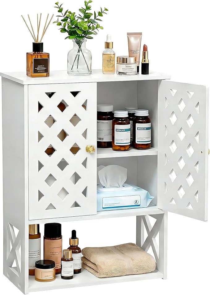 Wall Bathroom Cabinet Over The Toilet, 2-Door White Medicine Cabinet with Shelves, Space-Saving Storage Organizer for Bathroo