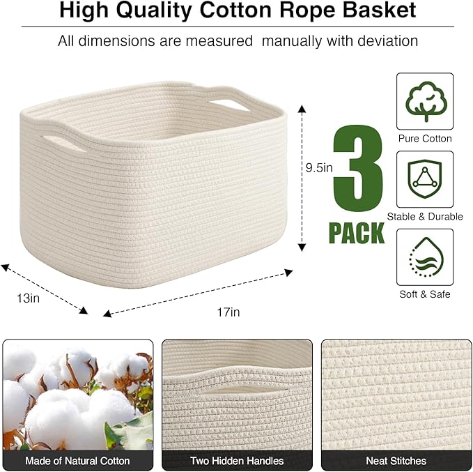 ICERZCZ Large Storage Baskets for Organizing Shelves, Woven Cotton Rope Bins for Baby Nursery Organization, Book Toy Towel Or