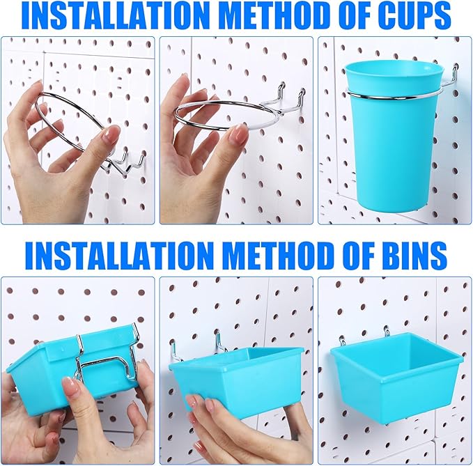 Sieral 64 Pieces Pegboard Bins Pegboard Cups with Hooks and Loops Peg Hooks Assortment Organizer Accessory for Organizing Acc