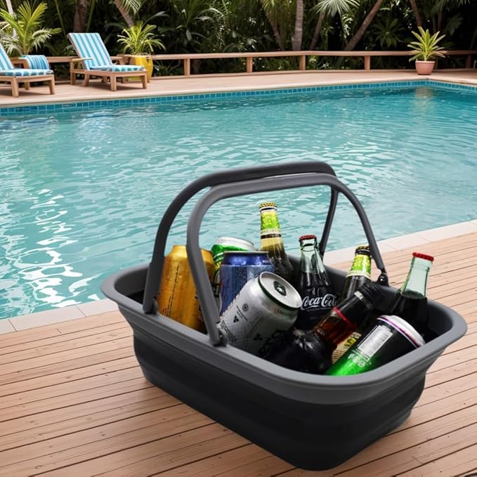 SAMMART SAMMART 9.2L (2.37Gallon) Collapsible Tub with Handle - Portable Outdoor Picnic Basket/Crater - Foldable Shopping Bag - Space Saving Storage Container (1, Grey/Black)