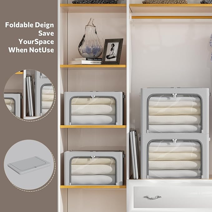 CYhom 4 Pack Clothes Storage Bins - Oxford Fabric Metal Frame Storage Box - Foldable Stackable Container Organizer Set with C