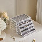 Acrylic Jewelry Box with 5 Drawers, Clear Earring Holder Organizer Rings Display Case with Adjustable Velvet Trays for Women 