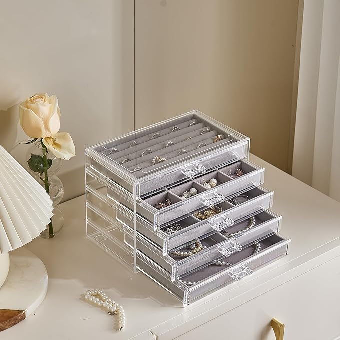 Acrylic Jewelry Box with 5 Drawers, Clear Earring Holder Organizer Rings Display Case with Adjustable Velvet Trays for Women 