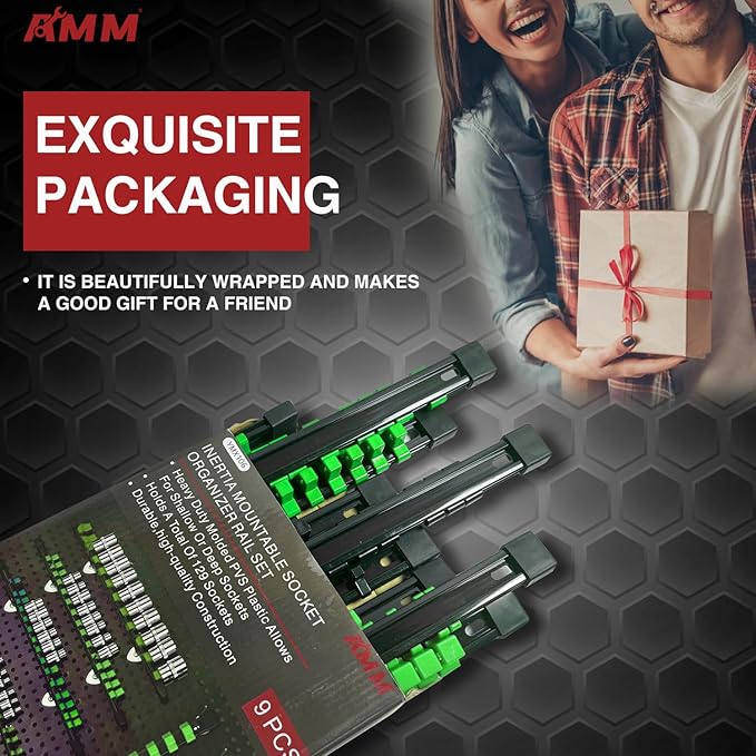 AMM 9-Piece Socket Organizer, 1/2 inch, 3/8 inch and 1/4 inch Drive ABS Tools-Green Socket Holder,Heavy Duty Socket Racks, Pr