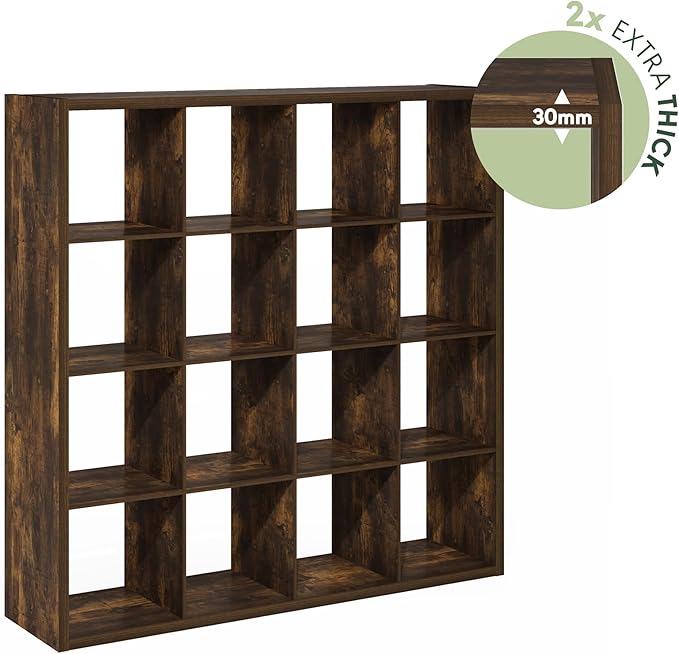 Furinno Cubicle Book Shelf, 16-Cube Bookshelf, Extra Thick Frame Reversible Bookcase with Open Back, 14.6" x 58" x 58", for L